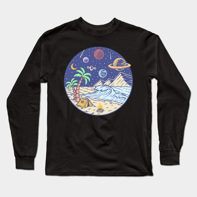 Camping under the moon and Planets - hand drawn Long Sleeve T-Shirt by Ravensdesign